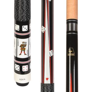 ASKA Poker Jokers Pool Cue Stick 58" – Cards & Dice Design, Canadian Hard Rock Maple Shaft, 13mm Hard Leather Tip, 5/16x18 Joint, Nylon Wrap