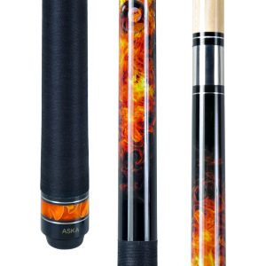 ASKA Fireball Pool Cue 58" – Black Stained with Flame Graphic, 12.75mm Layered Tip, Canadian Maple Shaft, 5/16x18 Joint, Irish Linen Wrap