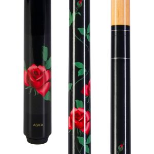ASKA Black Rose Pool Cue Stick 58" – Canadian Hard Rock Maple Shaft, 13mm Hard Leather Tip, 5/16x18 Joint, Wrapless Handle, Red Rose Design
