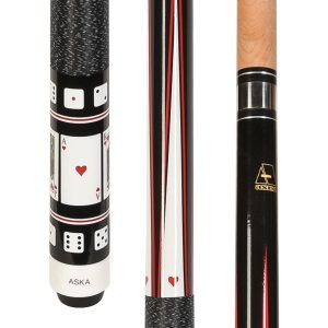 ASKA Poker Hearts Pool Cue Stick 58" – Cards & Dice Design, Canadian Hard Rock Maple Shaft, 13mm Hard Leather Tip, 5/16x18 Joint, Nylon Wrap