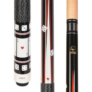 ASKA Four Aces Poker Pool Cue Stick 58" – Cards & Dice Design, Canadian Hard Rock Maple Shaft, 13mm Hard Leather Tip, 5/16x18 Joint, Nylon Wrap