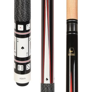 ASKA Poker Spades Pool Cue Stick 58" – Cards & Dice Design, Canadian Hard Rock Maple Shaft, 13mm Hard Leather Tip, 5/16x18 Joint, Nylon Wrap