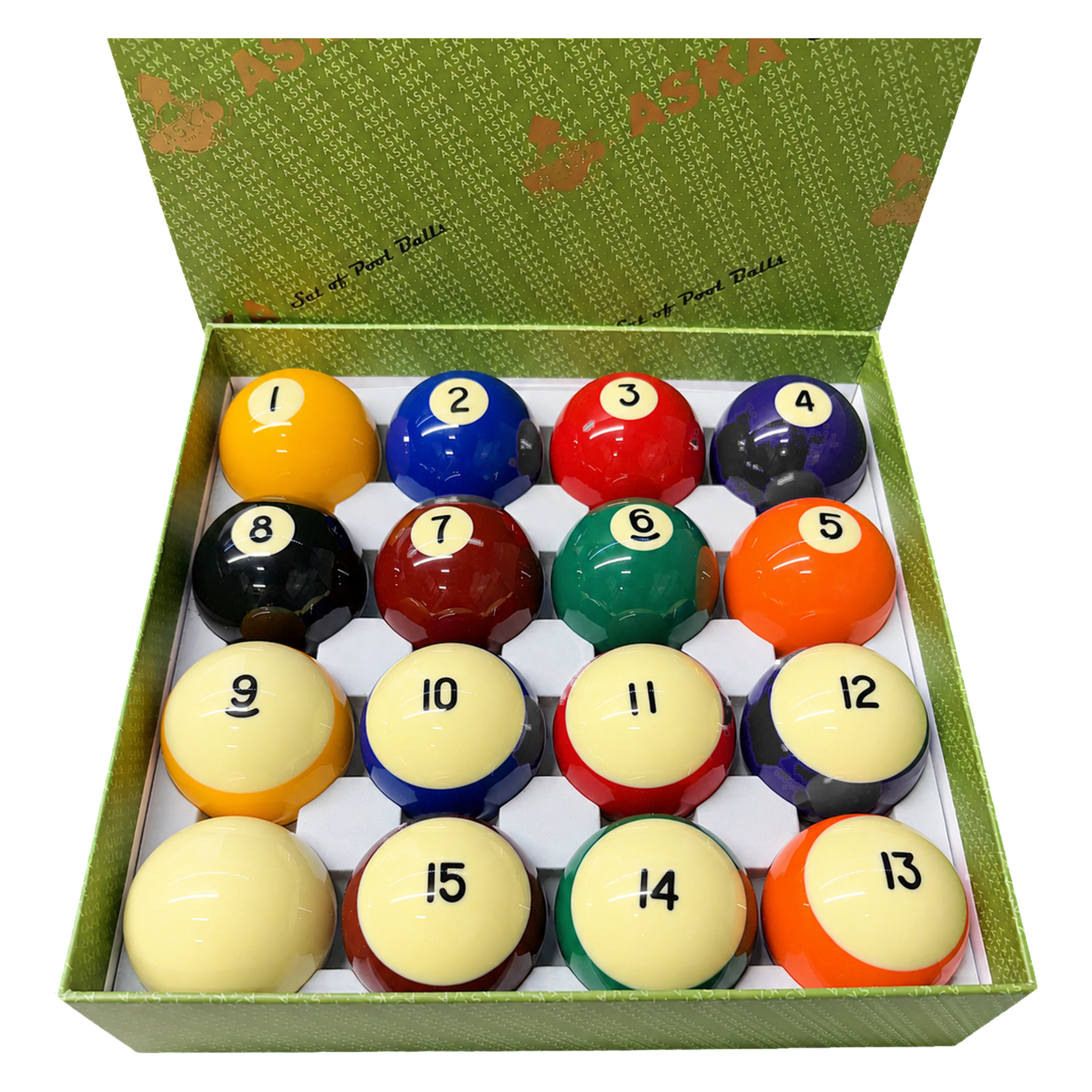 Aska Billiards Pool Boston Numbered Balls Set, 16 Balls Including a Cue Ball, 2 1/4 inch, PB04A - Image 3