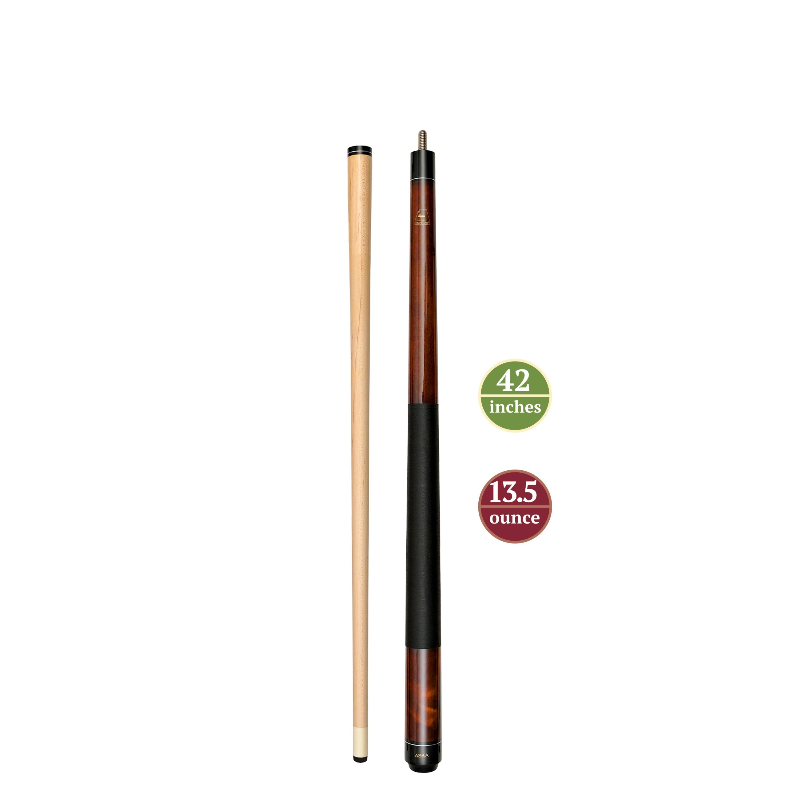ASKA Brown 42" Short Pool Cue – 13.5 oz, Maple Shaft, 13mm Tip, 5/16x18 Joint, Black Nylon Wrap (LEC42) - Image 2